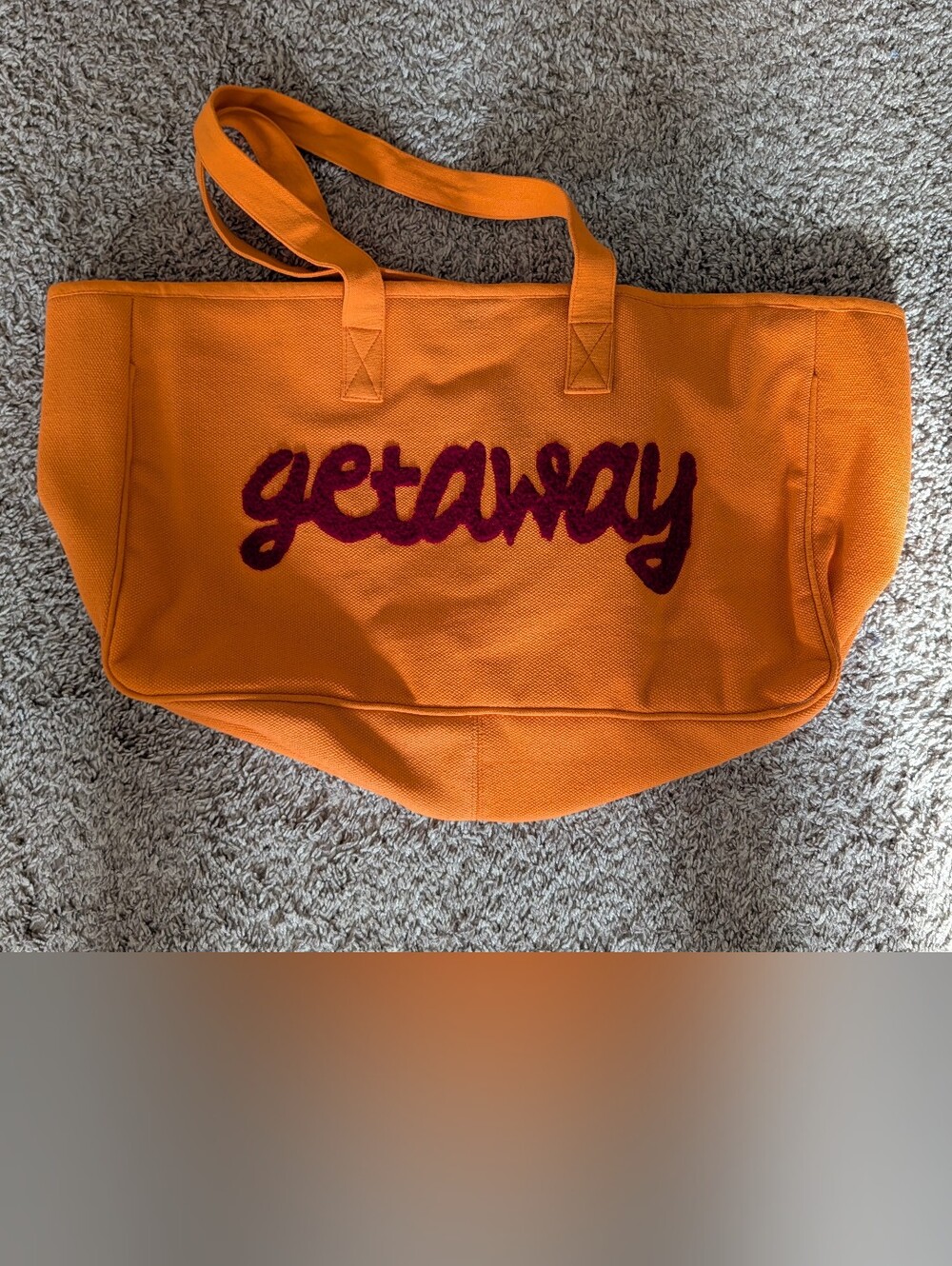 Orange Canvas Tote with Burgundy Script 'getaway'
